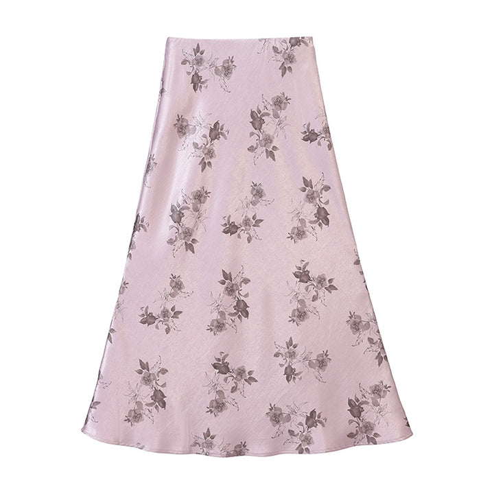 Women's high-waisted A-line midi skirt in jacquard-like satin with floral relief print.