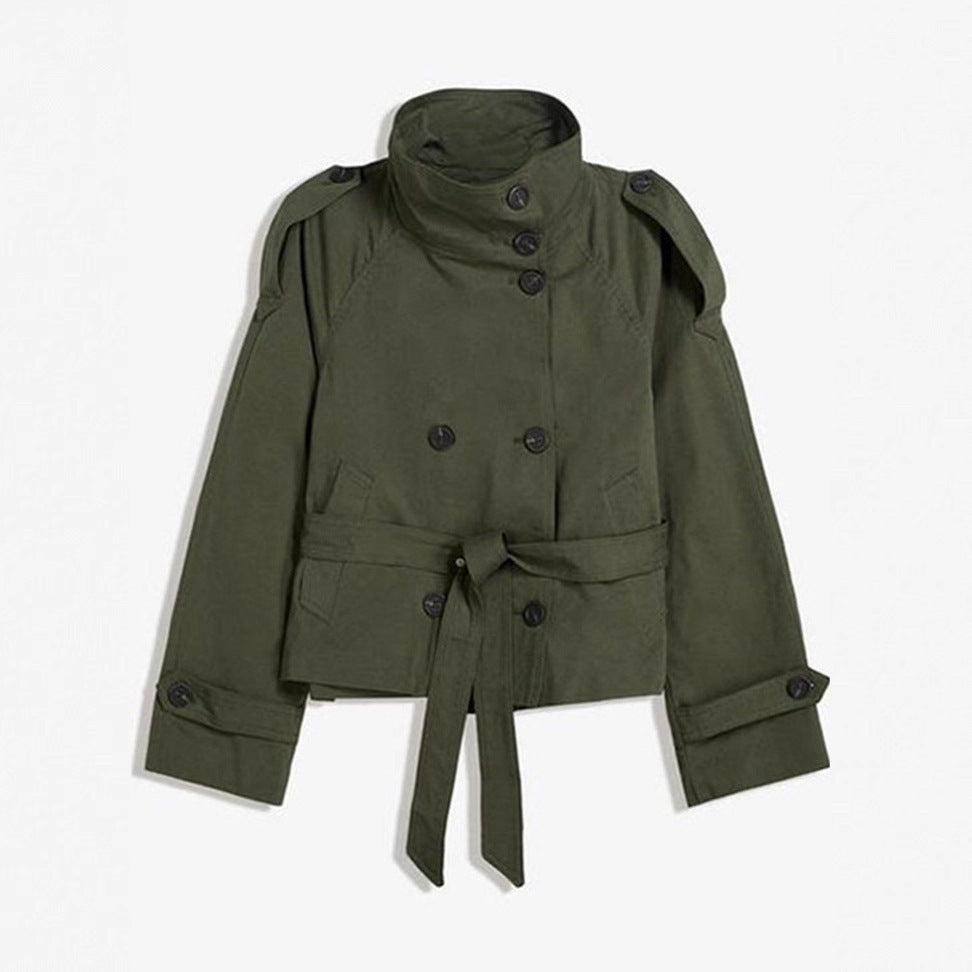 Women's Short Cut Trench Cape with Removable Sleeves, Stand-Up Collar and Double-Breasted Mune Fashion