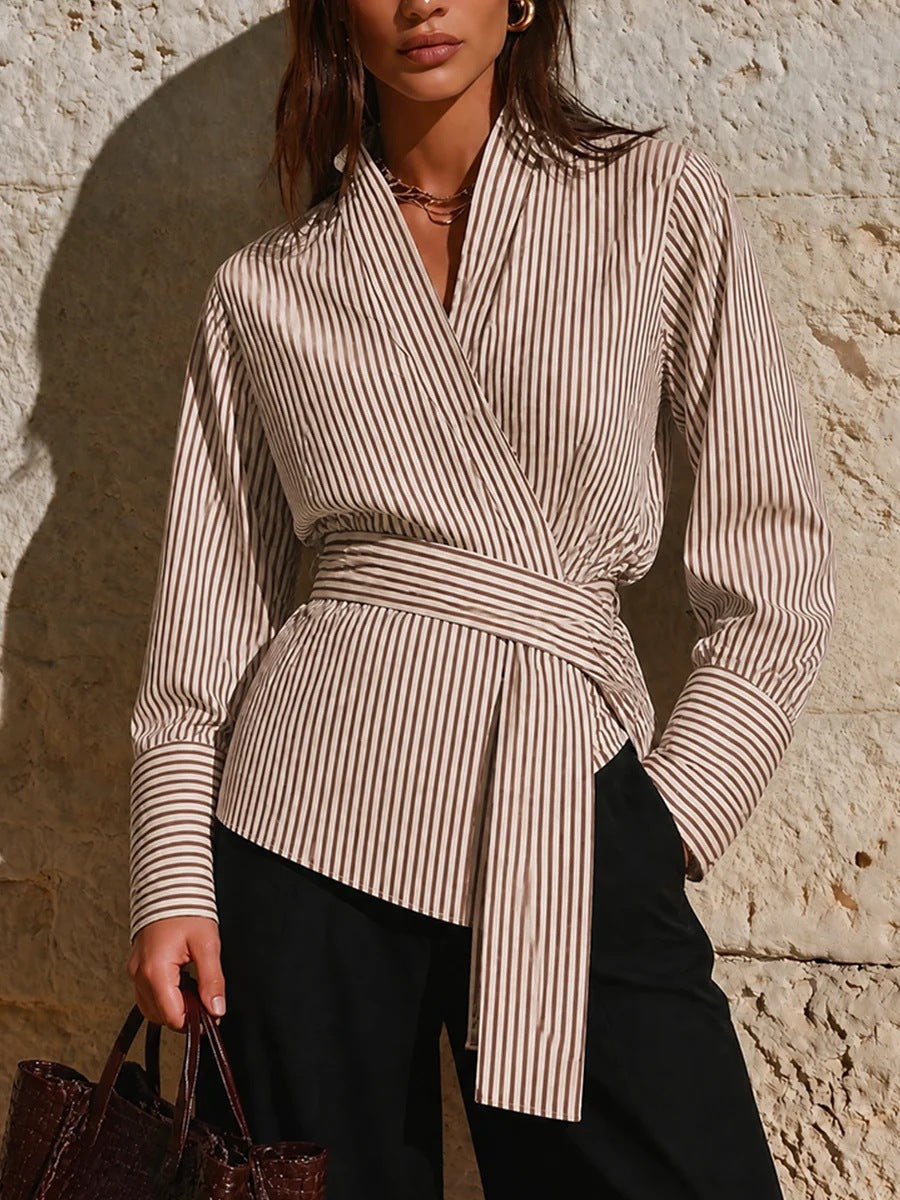 Women Elegant Wrap Top with Stripes Mune Fashion