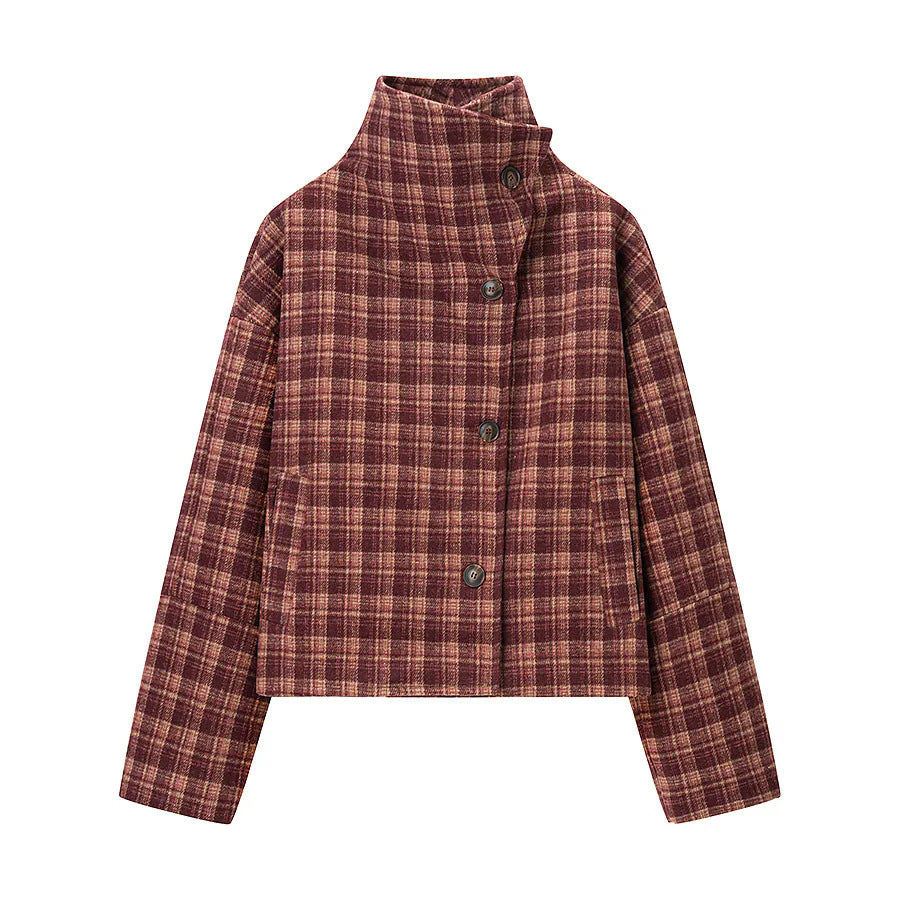 Women's nano boxy short checkered quilted jacket with high collar trim, asymmetric button placket and padded lining Mune Fashion