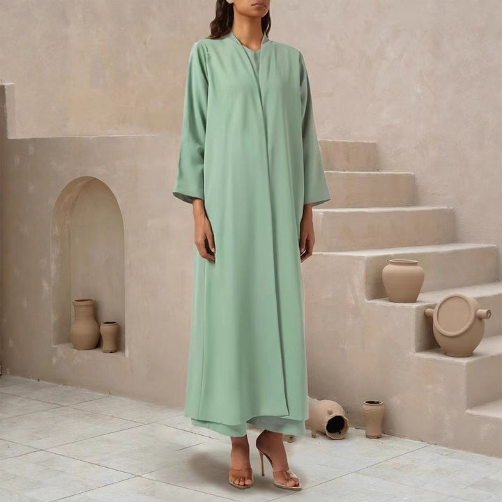 Women Flowing Maxi Kaftan Coat with Open Front and Minimalist Stand Collar Drune