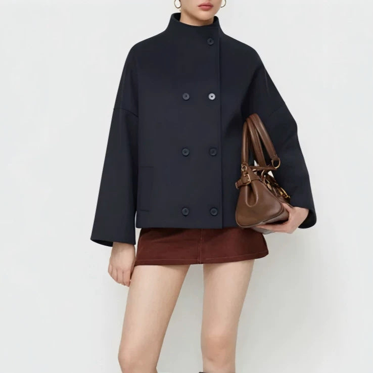 Women Double-breasted Short Coat with Stand-up Collar, Dropped Shoulder and Clear Boxy Silhouette Drune