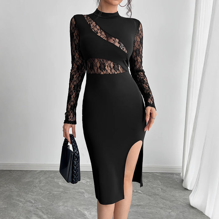 Ladies elegant fitted dress with lace sleeves, transparent waist insert and high side slit Mune Fashion