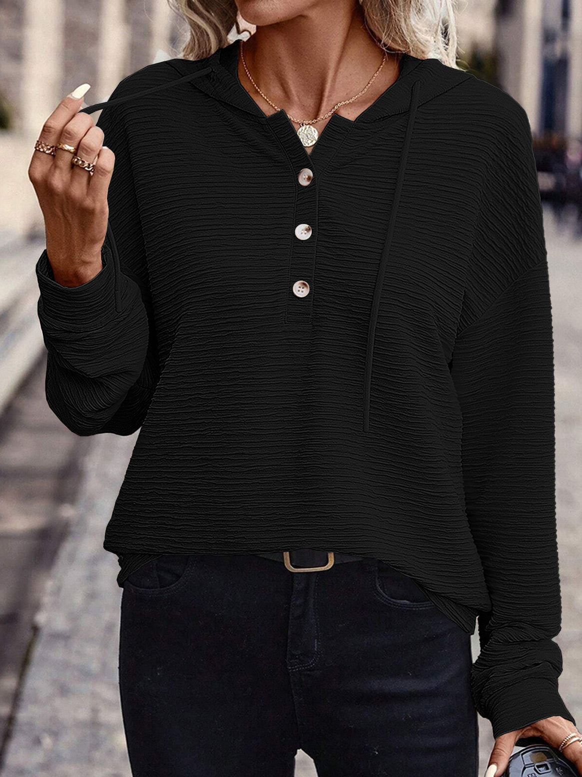 Women's Textured Hoodie with Button Placket and Oversized Cut Mune Fashion