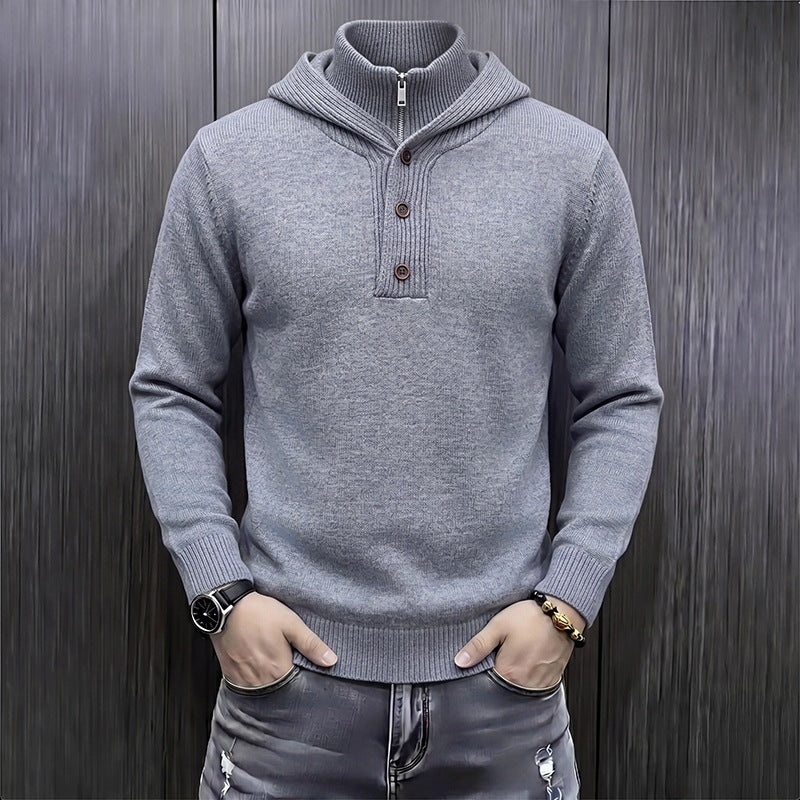 Men's fine knit hooded pullover with half zipper and button placket Mune Fashion