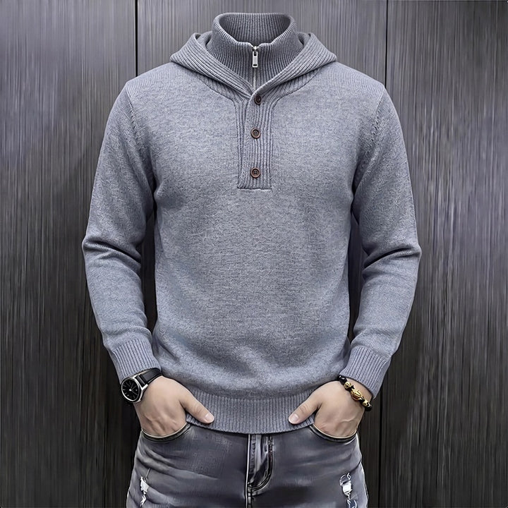 Men's fine knit hooded pullover with half zipper and button placket Mune Fashion