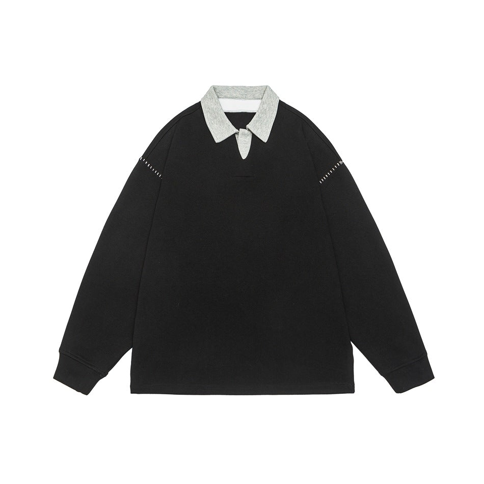 Men's Relaxed Sweatshirt with Polo Collar and Decorative Shoulder Seam Mune Fashion