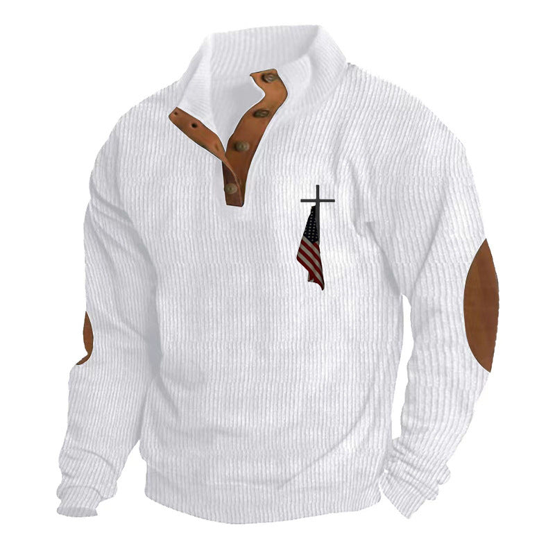 Men's structured troyer with faux leather elbow patches, V-button placket, and discreet emblem Mune Fashion