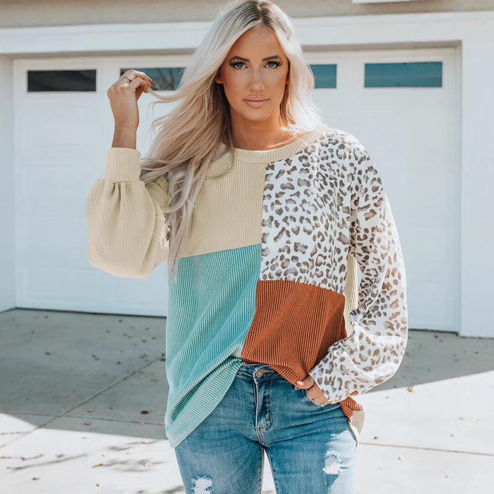 Women’s patchwork knit pullover with leopard pattern, ribbed texture and balloon sleeves Mune Fashion