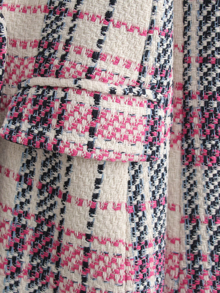 Ladies Boucle Tweed Long Blazer with Double Breasted Closure and Flap Pockets Mune Fashion