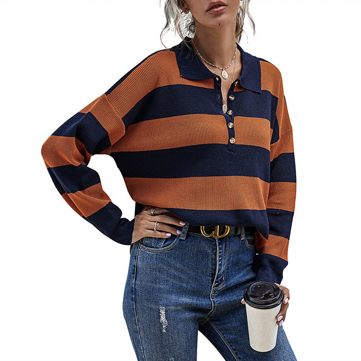 Women Elegant Sweater with Polo Collar and Stripes Mune Fashion
