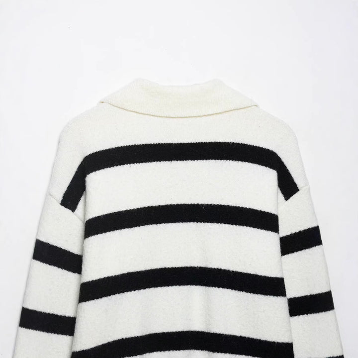 Women Striped Oversized Sweater with Polo Collar and Deep V-Neck Mune Fashion