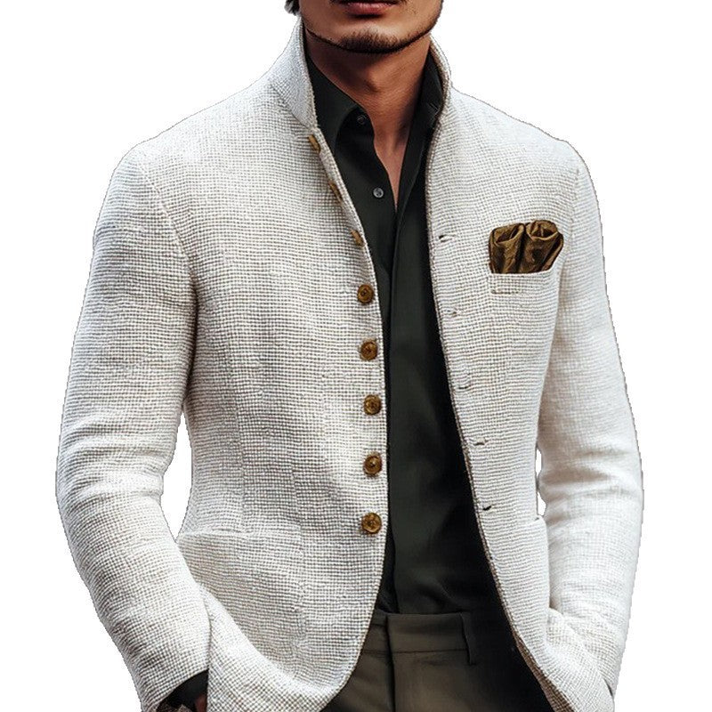 Men's Structured Linen Blazer with Stand Collar and Decorative Button Row Mune Fashion