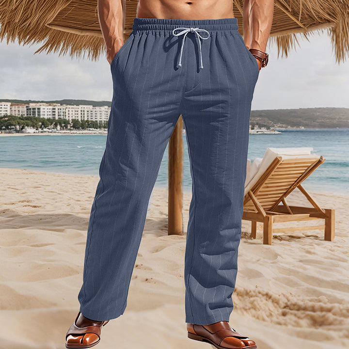 Men's Maritime Linen Look Casual Trousers with Pinstripes, Elastic Waistband and Side Slash Pockets Mune Fashion