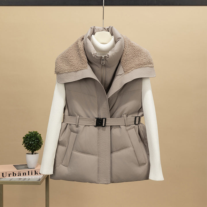 Women's non-padded quilted vest with knitted sleeves and teddy collar, tailored belt Mune Fashion