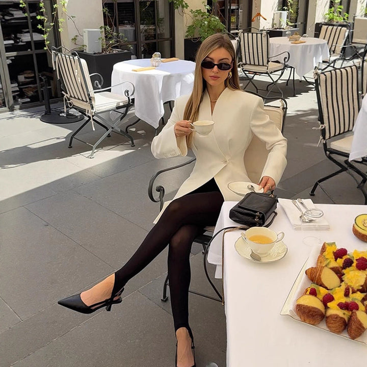Women Asymmetric Tailored Blazer Coat with One-Button Closure Mune Fashion