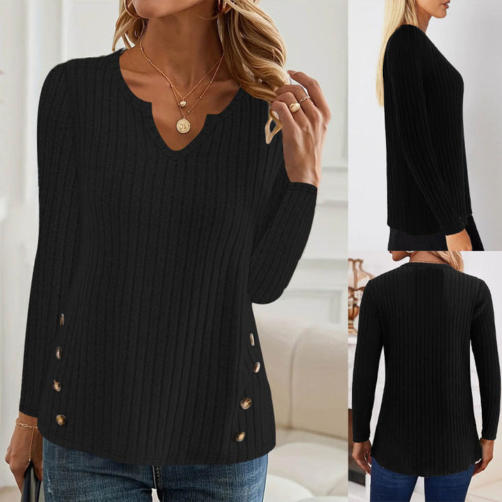 Women's ribbed fine knit sweater with V-notch neckline and decorative side buttons Mune Fashion