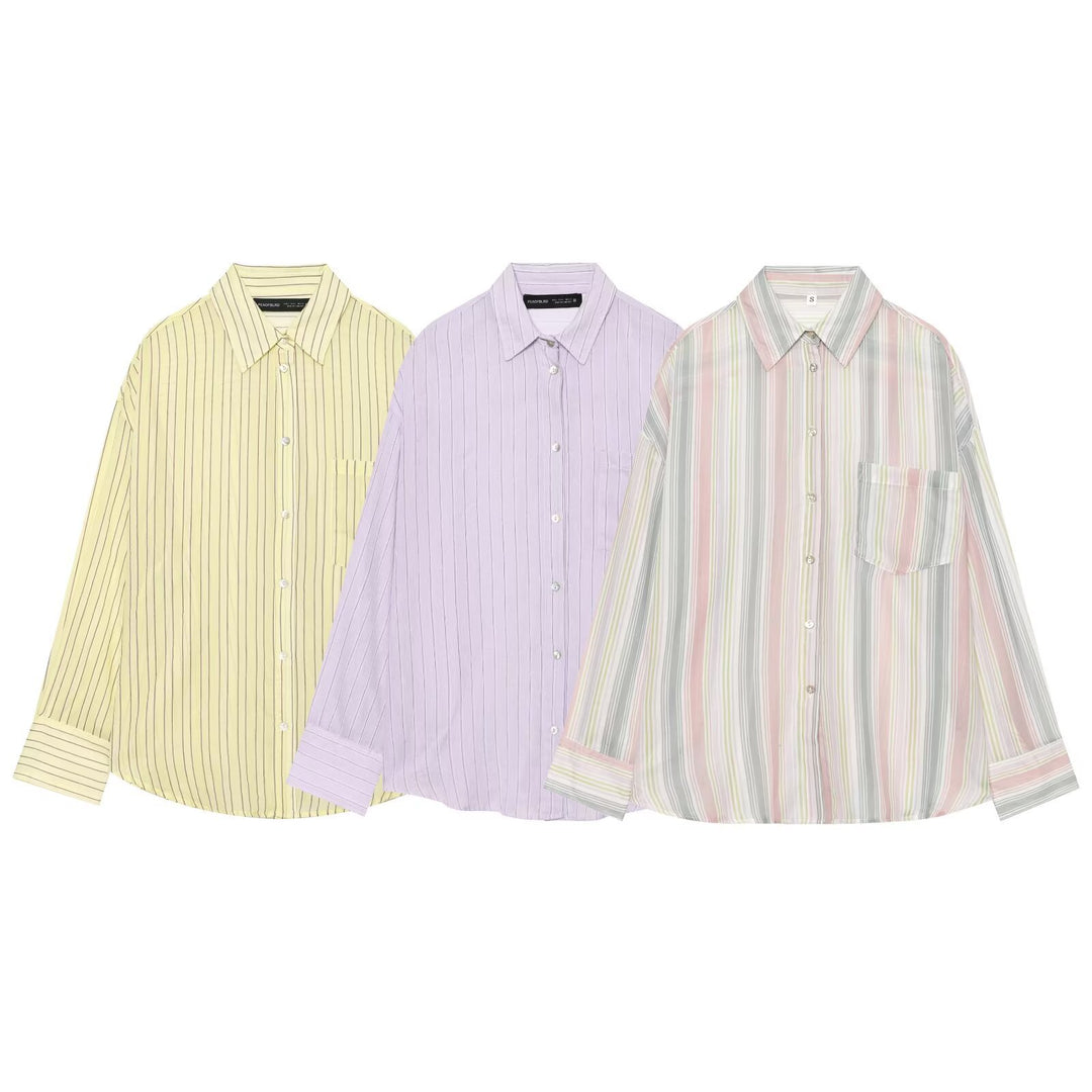 Women's oversized shirt blouse with stripes, chest pocket, and loose fit Mune Fashion