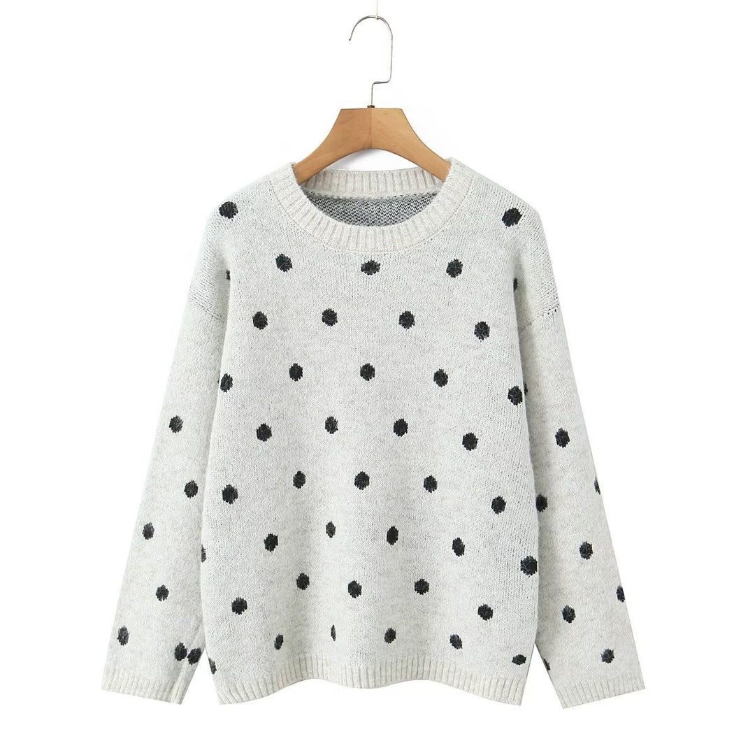 Women's Polka Dot Oversized Knit Sweater with Round Neck