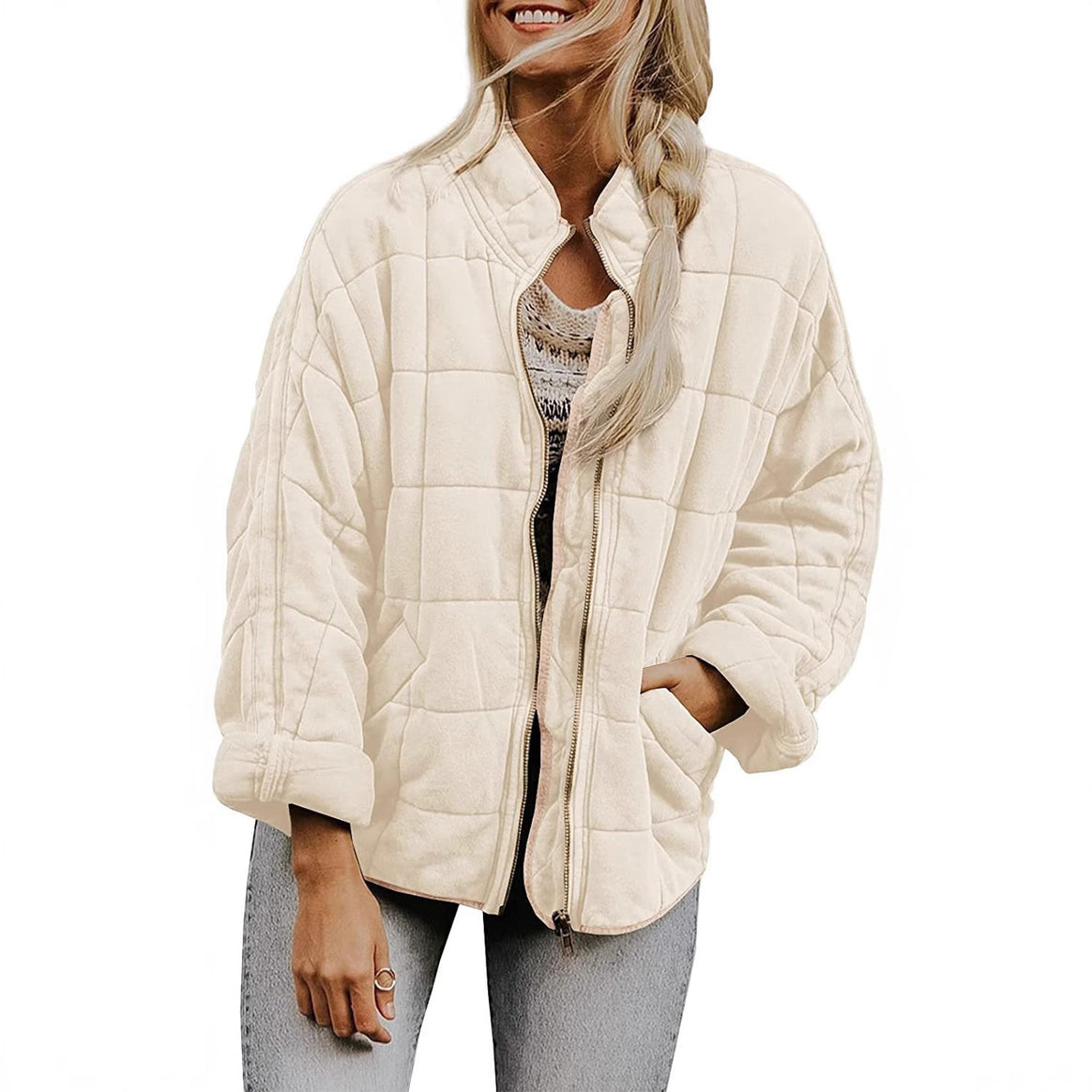 Women's Oversize Quilted Jacket with Zipper and Side Pockets Mune Fashion