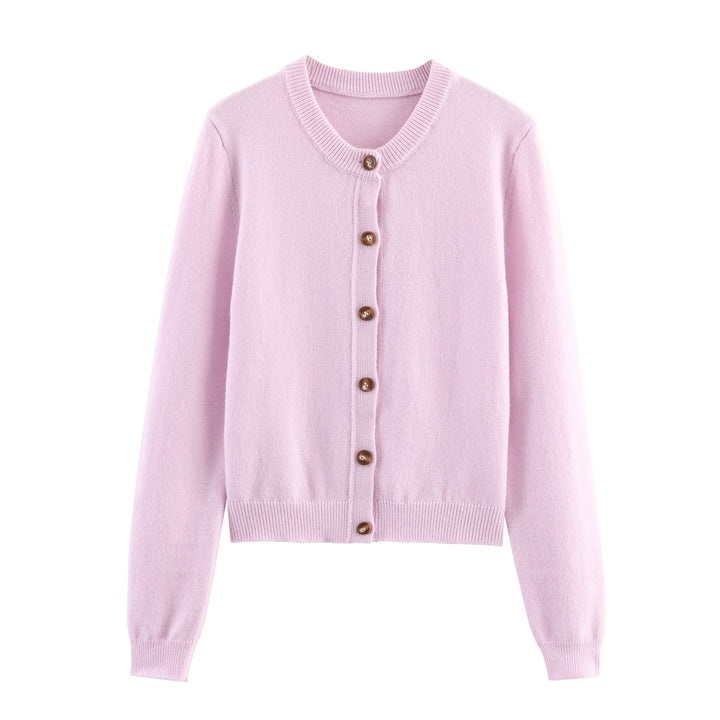 Women's fine button cardigan with round neckline, full button placket, ribbed hem, and slim silhouette Mune Fashion
