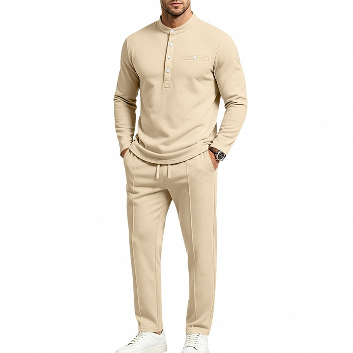 Men's Two-Piece Leisure Set with Henley Long Sleeve Shirt, Stand Collar and Comfort Jogging Pants Mune Fashion