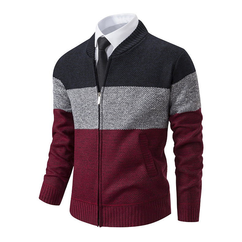 Men's Structured Block Stripe Cardigan with Front Zip, Stand Collar and Patch Pockets Mune Fashion