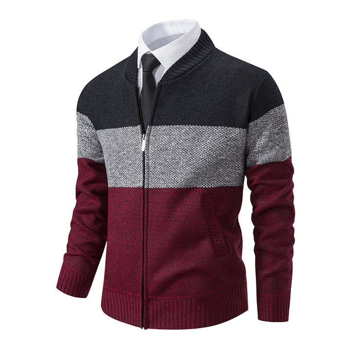 Men's Structured Block Stripe Cardigan with Front Zip, Stand Collar and Patch Pockets Mune Fashion