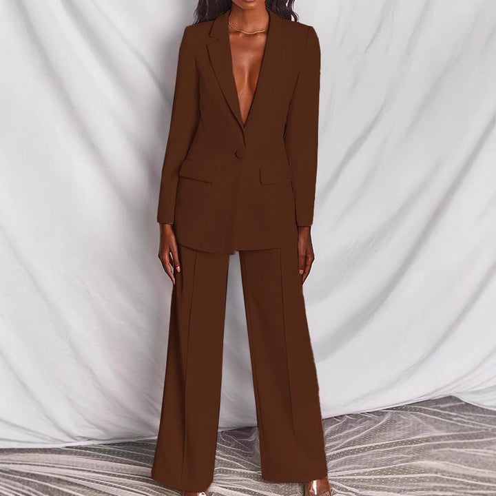 Women's tailored one-button blazer with flap pockets and wide palazzo pants suit Mune Fashion