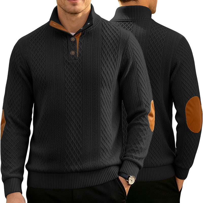 Men's Cable Knit Jumper with Stand-Up Collar and Leather Look Elbow Patches Mune Fashion