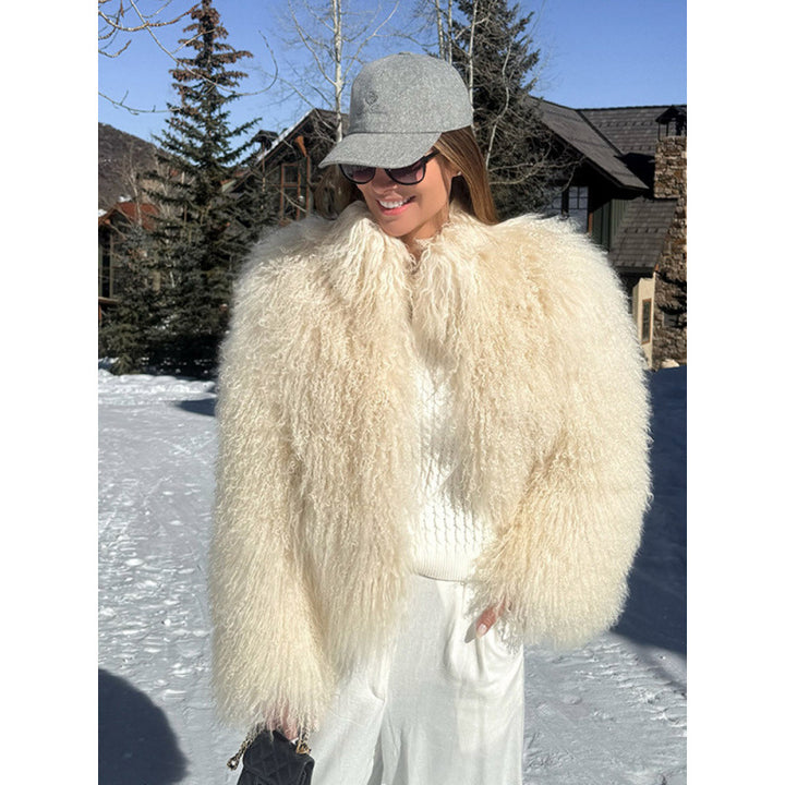 Women's Cozy Short Jacket in Lambskin Look with Curly Long Pile Structure Mune Fashion