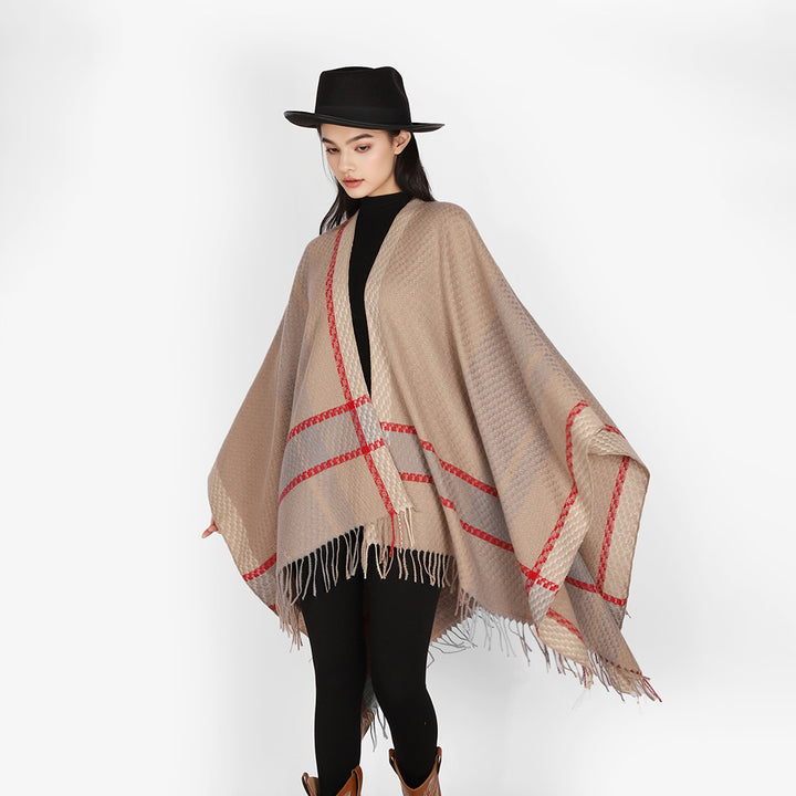 Women's Oversize Cape Poncho made of Wool Blend with Checkered Pattern and Fringe Hem Mune Fashion