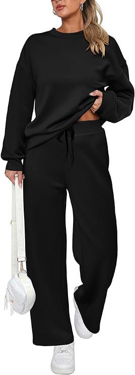 Women's two-piece French terry lounge set with oversized round neck pullover and wide high waist jogger Mune Fashion