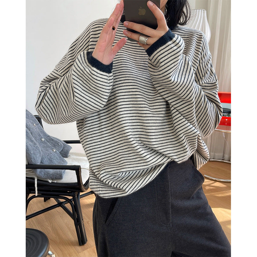 Women's Striped Fine Knit Sweater with Dropped Shoulder and Ribbed Collar Mune Fashion