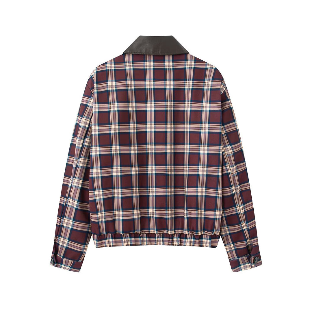 Women's Checkered Bomber Jacket in Cropped Boxy Cut with Contrasting Collar and Elastic Hem Mune Fashion