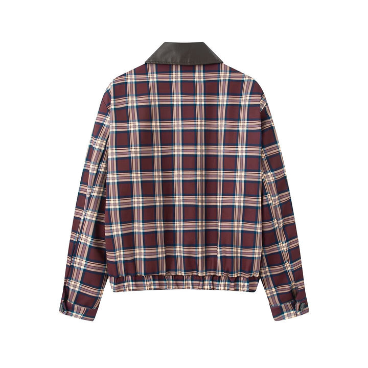 Women's Checkered Bomber Jacket in Cropped Boxy Cut with Contrasting Collar and Elastic Hem Mune Fashion