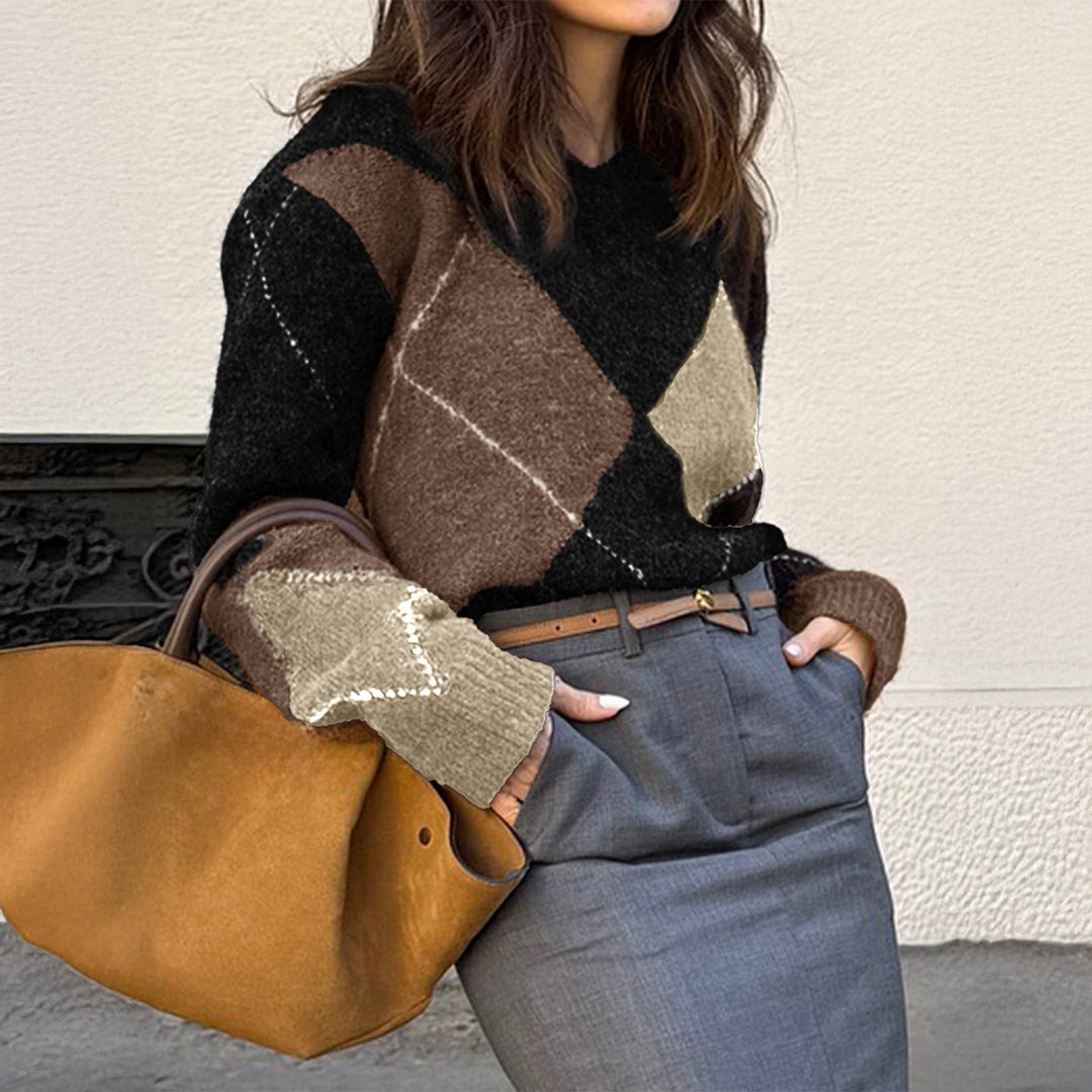 Women's oversized argyle knitted sweater with boxy cut and ribbed round neckline Mune Fashion