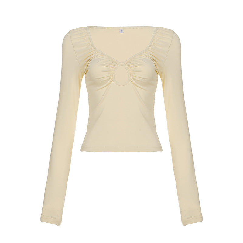 Women's fitted long-sleeve shirt with deep V-neck, gathering, and keyhole cutout Mune Fashion