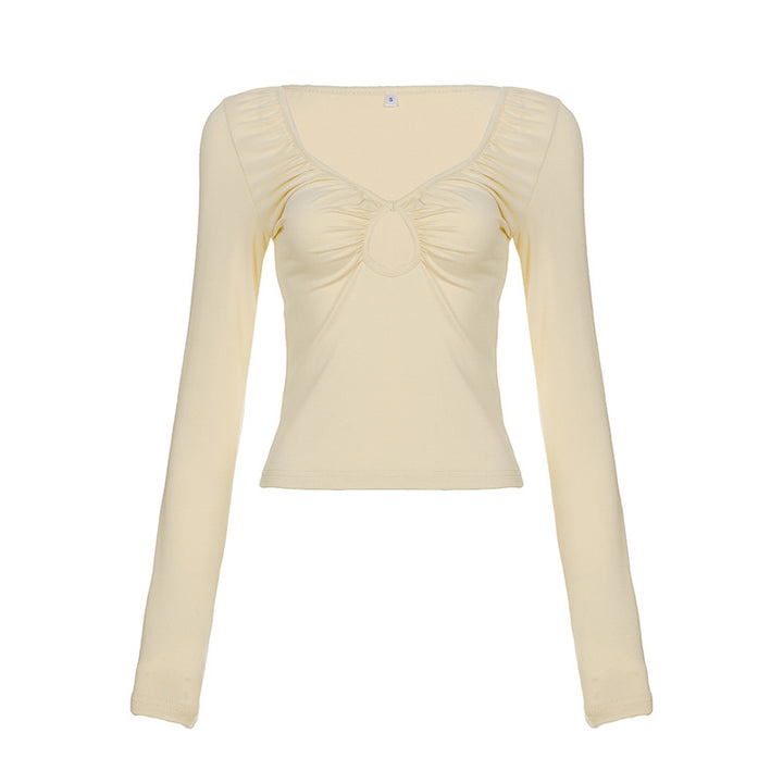 Women's fitted long-sleeve shirt with deep V-neck, gathering, and keyhole cutout Mune Fashion