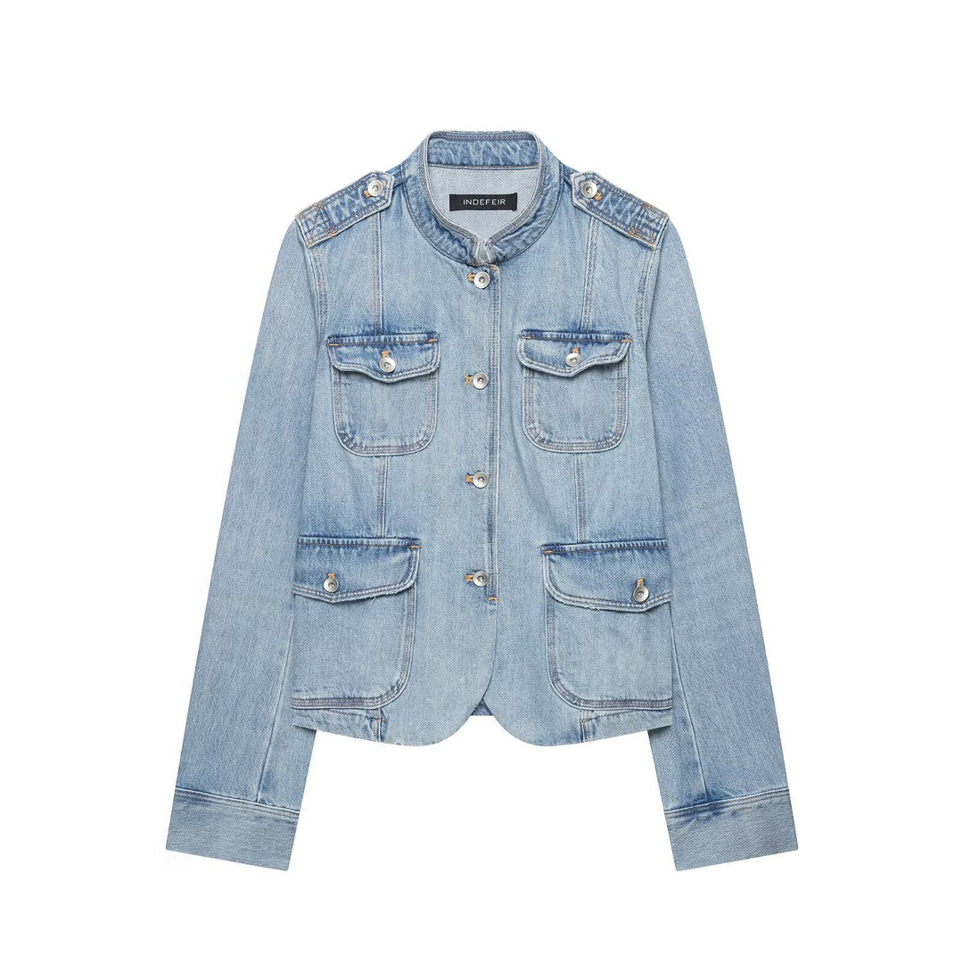 Women's jeans field jacket with stand-up collar, shoulder patches, and four flap pockets Mune Fashion