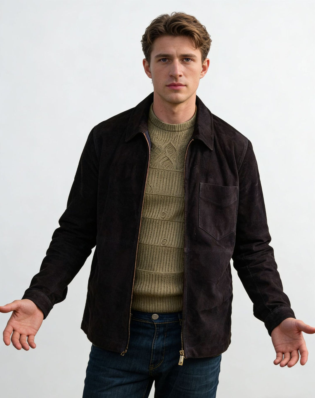 Men's suede jacket with zipper and shirt collar Mune Fashion