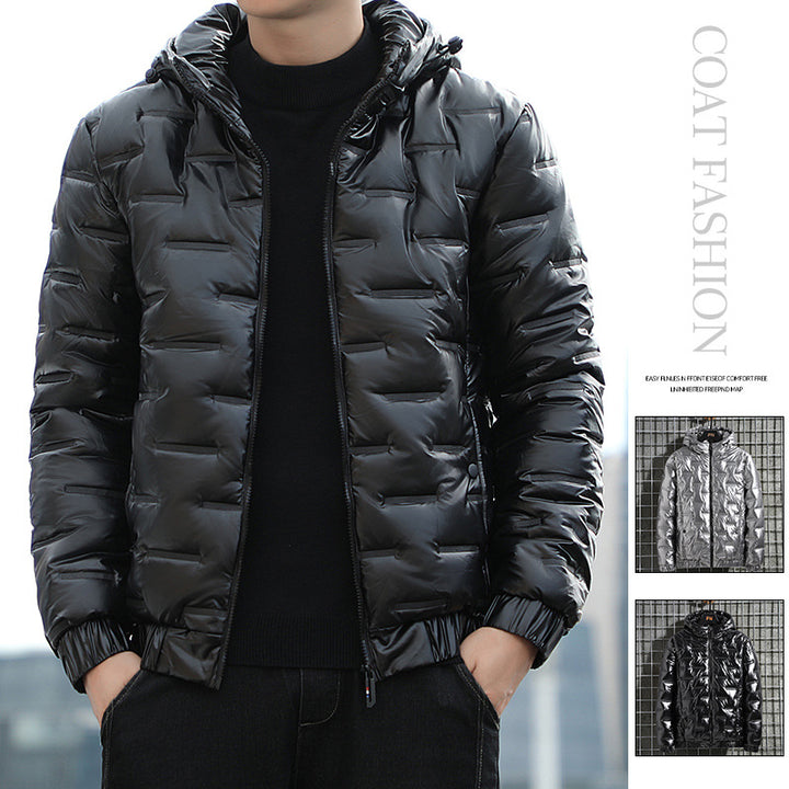 Men's Lightweight Quilted Hooded Puffer Jacket with Shiny Surface and Elastic Cuffs Mune Fashion