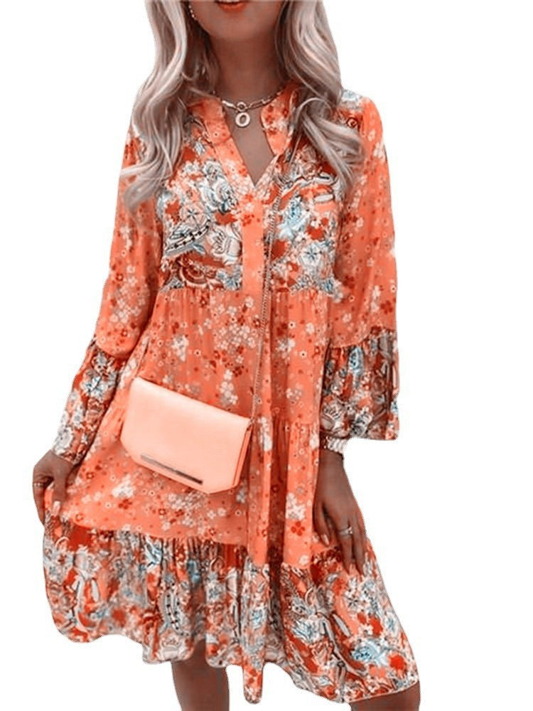 Women nan floral Boho dress with V-neck and tiered skirt Mune Fashion