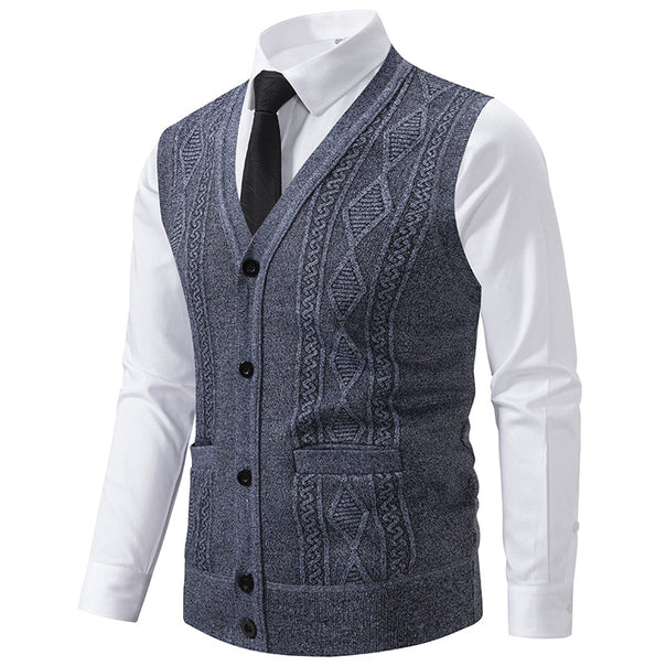 Men's V-neck knitted vest with cable pattern, continuous button placket and patch pockets Mune Fashion