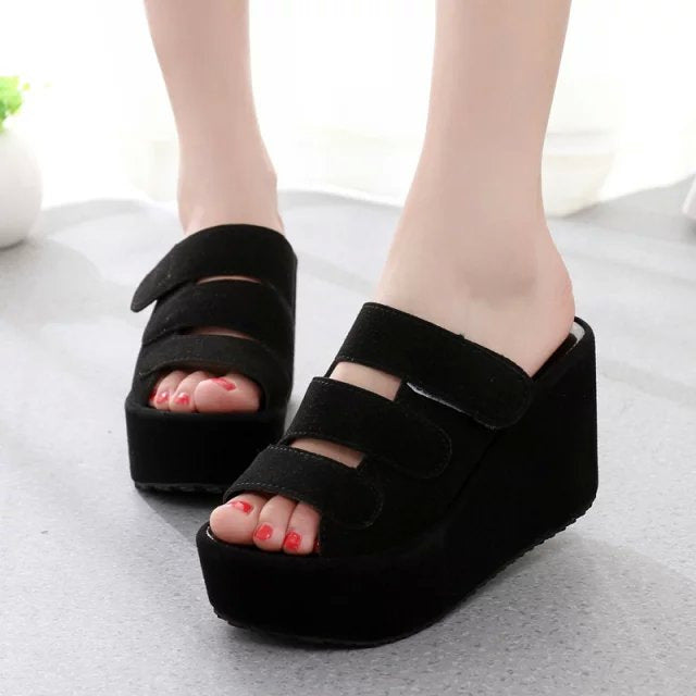 Women's triple adjustable Velcro sandals with high platform wedge heel Mune Fashion
