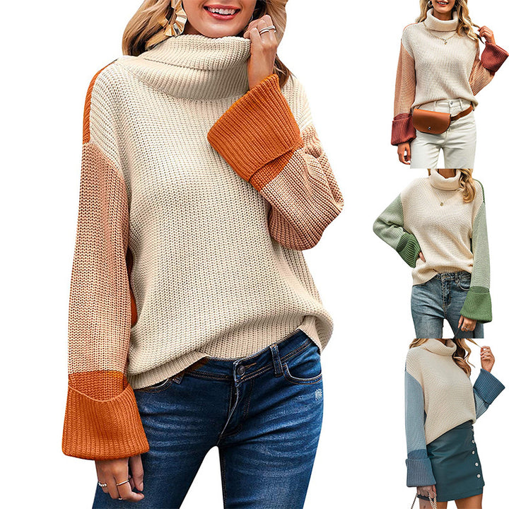 Women's loose turtleneck sweater with color block sleeves and wide trumpet sleeves Mune Fashion