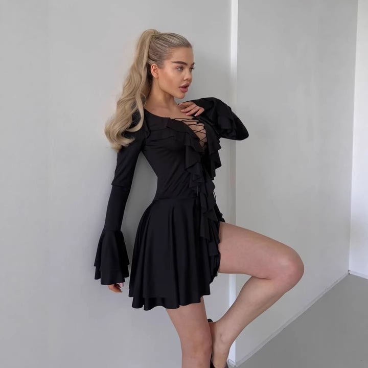 Women Ruffled Skater Dress with Ruffles, Flared Skirt and Bell Sleeves Mune Fashion