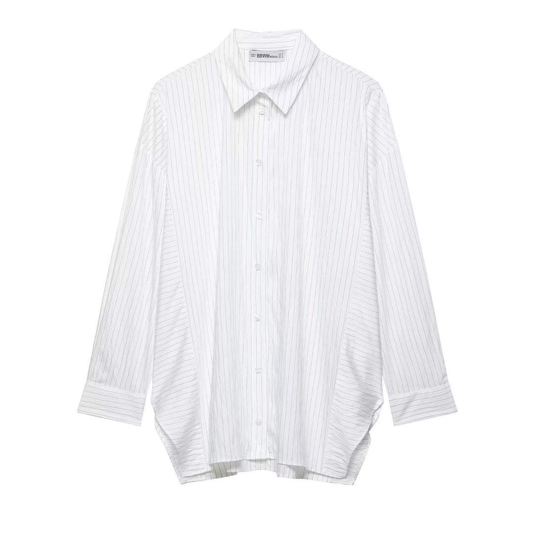 Women's Oversize Shirt Blouse with Pinstripes and Extended Back Hem Mune Fashion