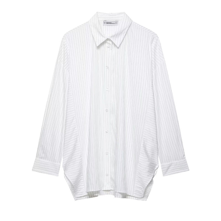 Women's Oversize Shirt Blouse with Pinstripes and Extended Back Hem Mune Fashion
