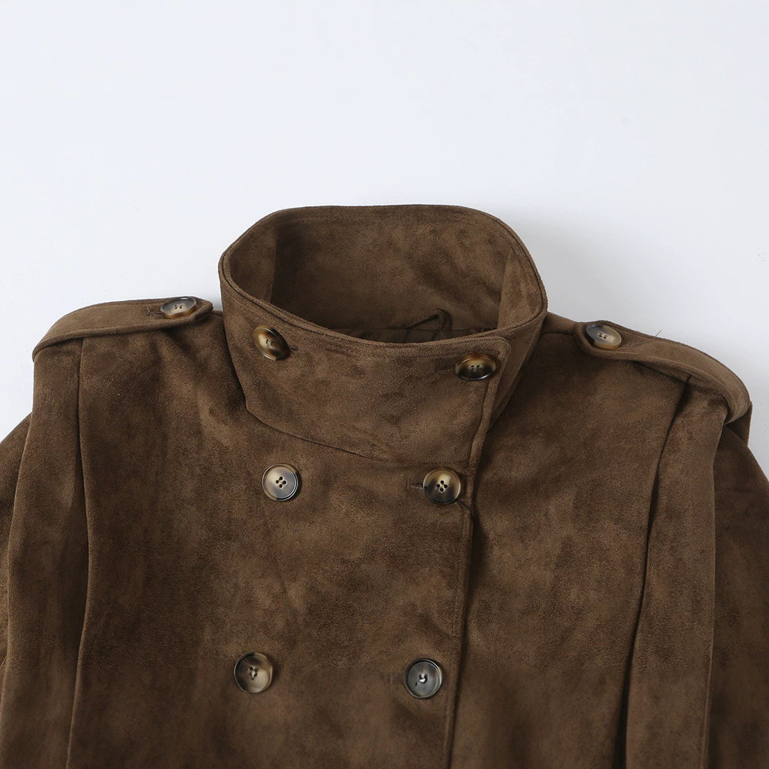Women Short Double-Breasted Suede Jacket with Stand-Up Collar and Epaulettes Mune Fashion